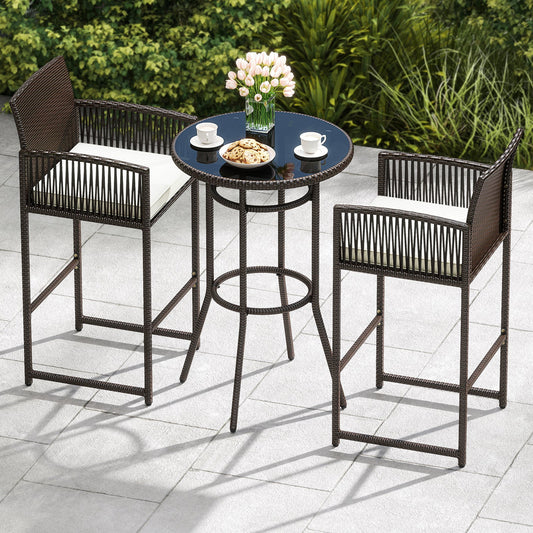 3 Piece Patio Bar Set Outdoor Wicker Bar Height Round Table and Armchairs-White - Tampa Home & Garden Store