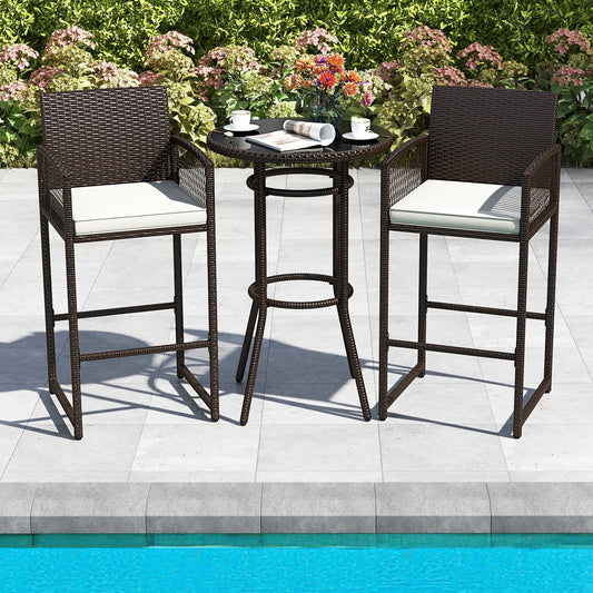 3 Piece Patio Bar Set Outdoor Wicker Bar Height Round Table and Armchairs-White - Tampa Home & Garden Store