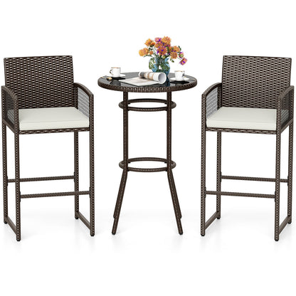 3 Piece Patio Bar Set Outdoor Wicker Bar Height Round Table and Armchairs-White