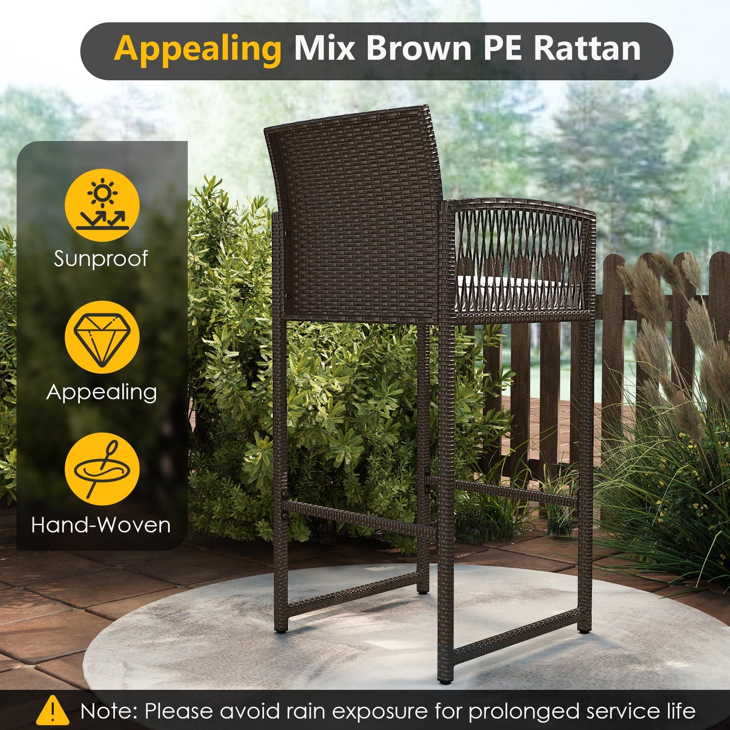3 Piece Patio Bar Set Outdoor Wicker Bar Height Round Table and Armchairs-White
