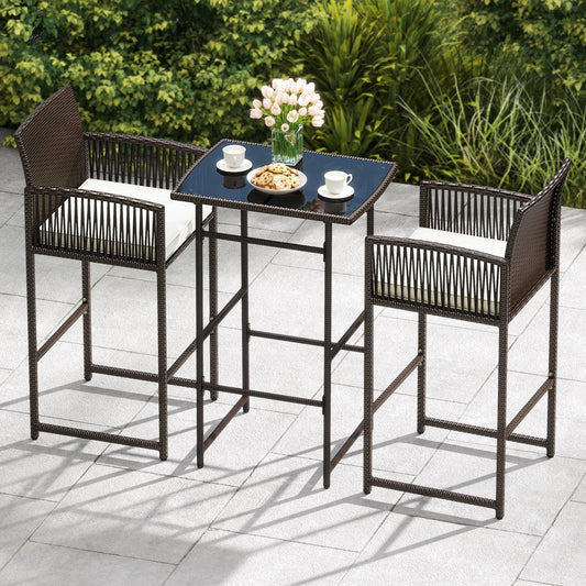 3 Piece Patio Bar Set Outdoor Wicker Bar Height Table and Armchairs with 2 Seat Cushions-White - Tampa Home & Garden Store