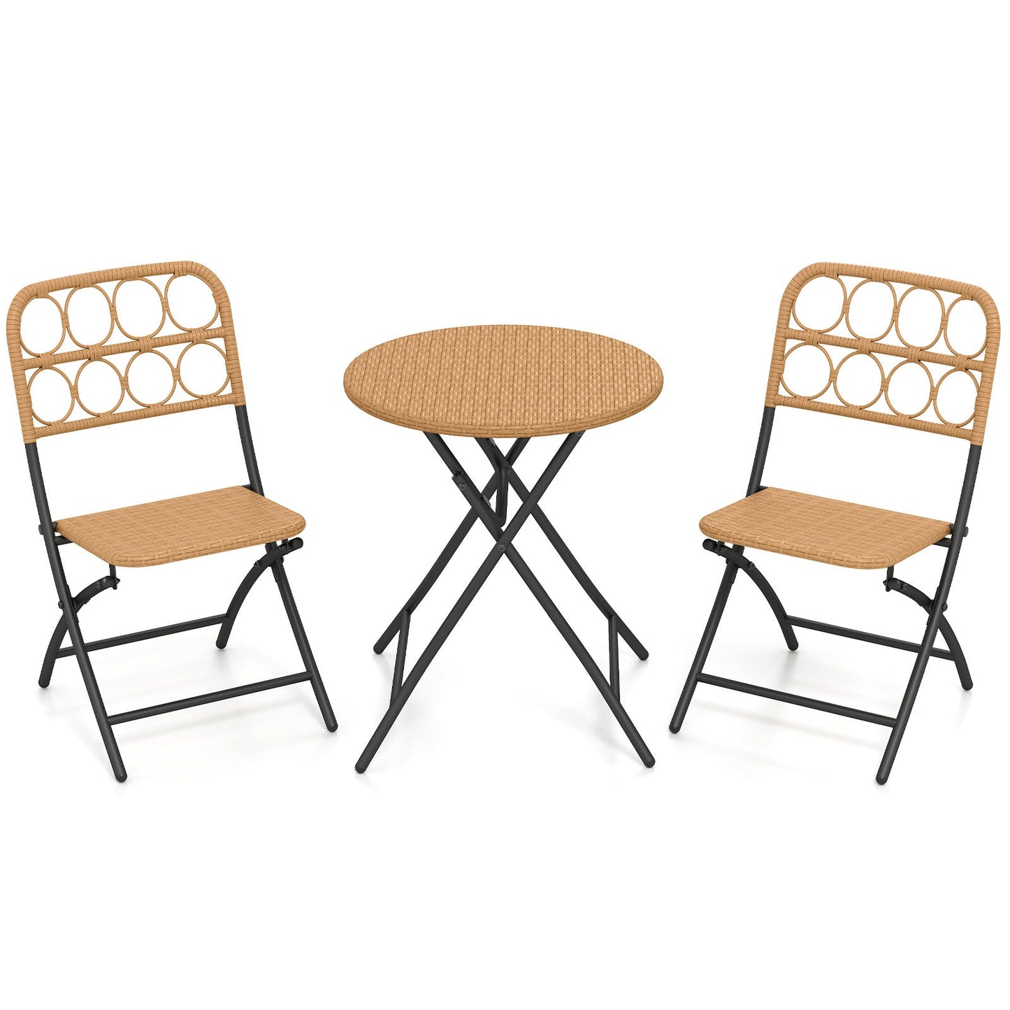 3 Piece Patio Bistro Set Folding Round Table and Chairs with Wicker Seat