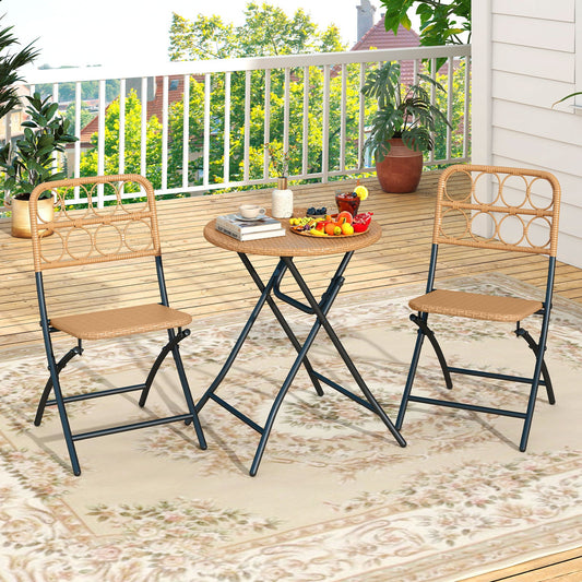 3 Piece Patio Bistro Set Folding Round Table and Chairs with Wicker Seat - Tampa Home & Garden Store