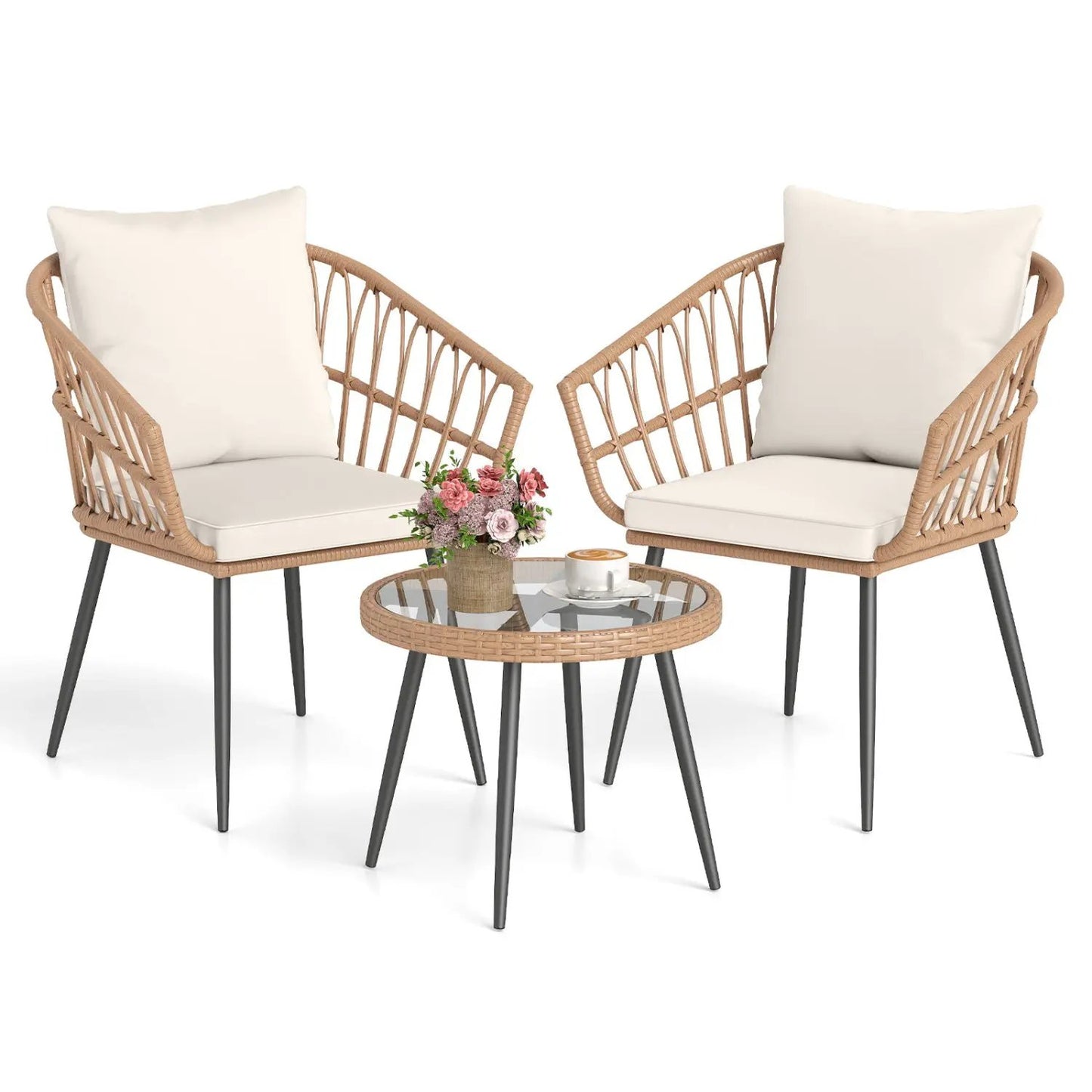 3 Piece Patio Bistro Set With PE Rattan Chairs