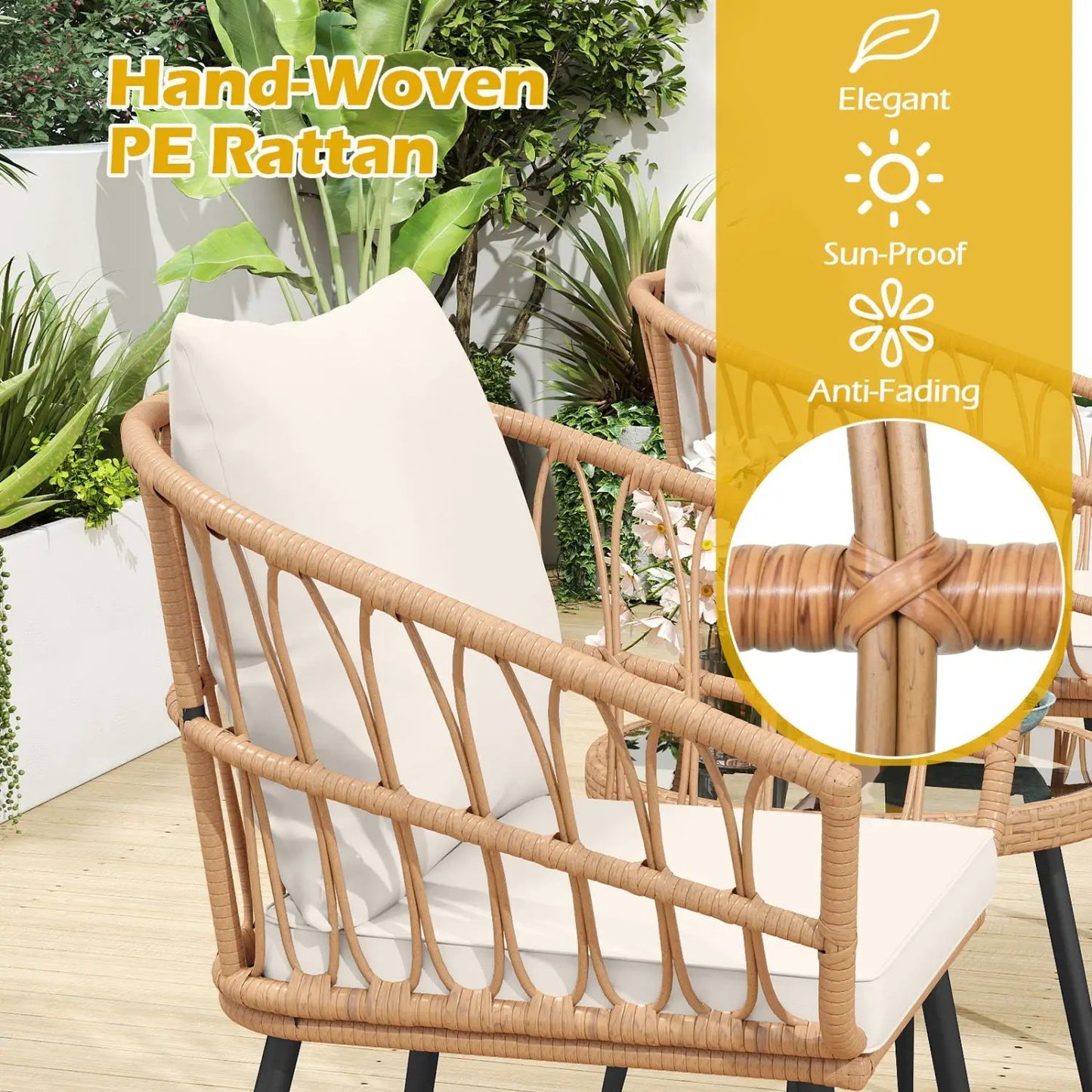 3 Piece Patio Bistro Set With PE Rattan Chairs