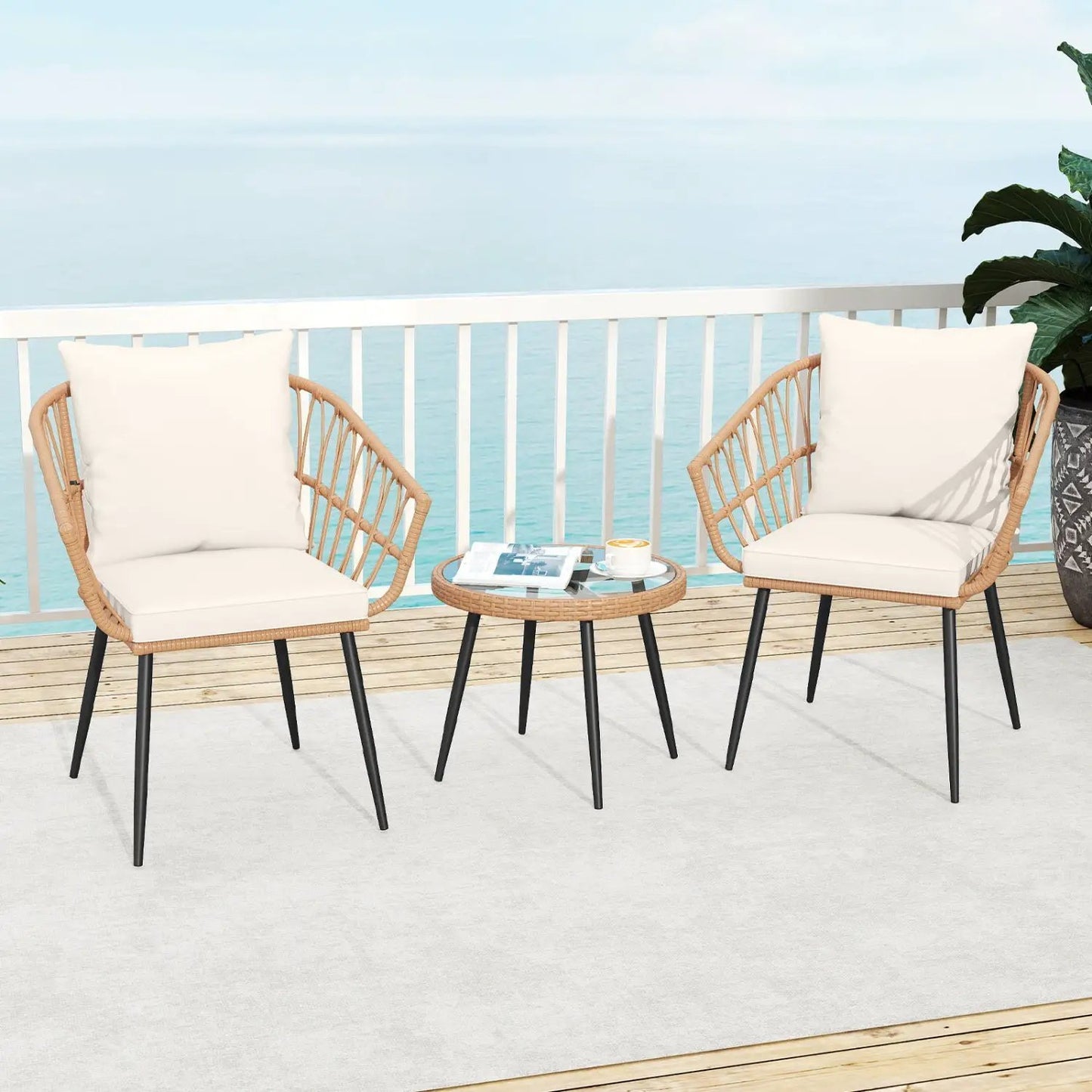 3 Piece Patio Bistro Set With PE Rattan Chairs