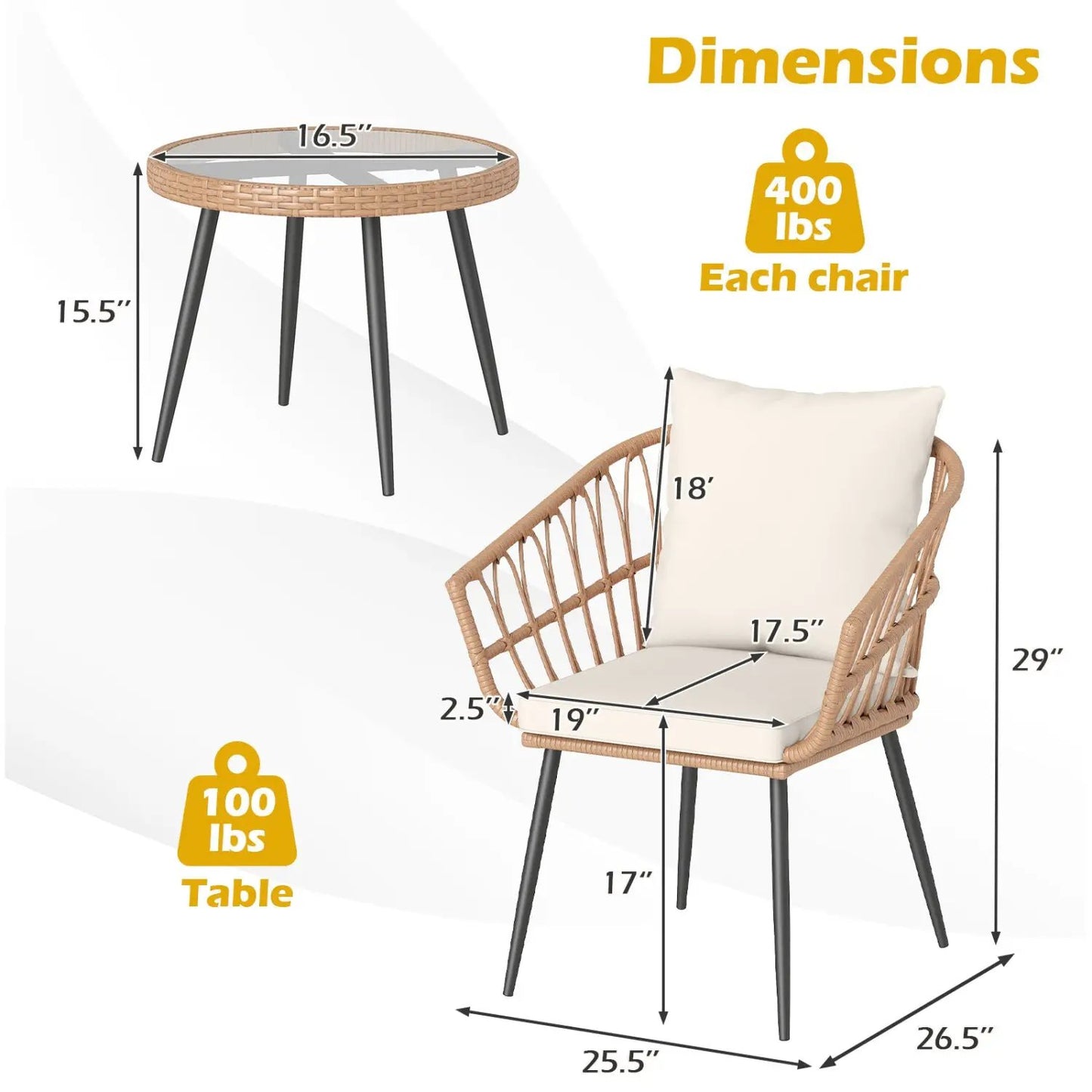 3 Piece Patio Bistro Set With PE Rattan Chairs