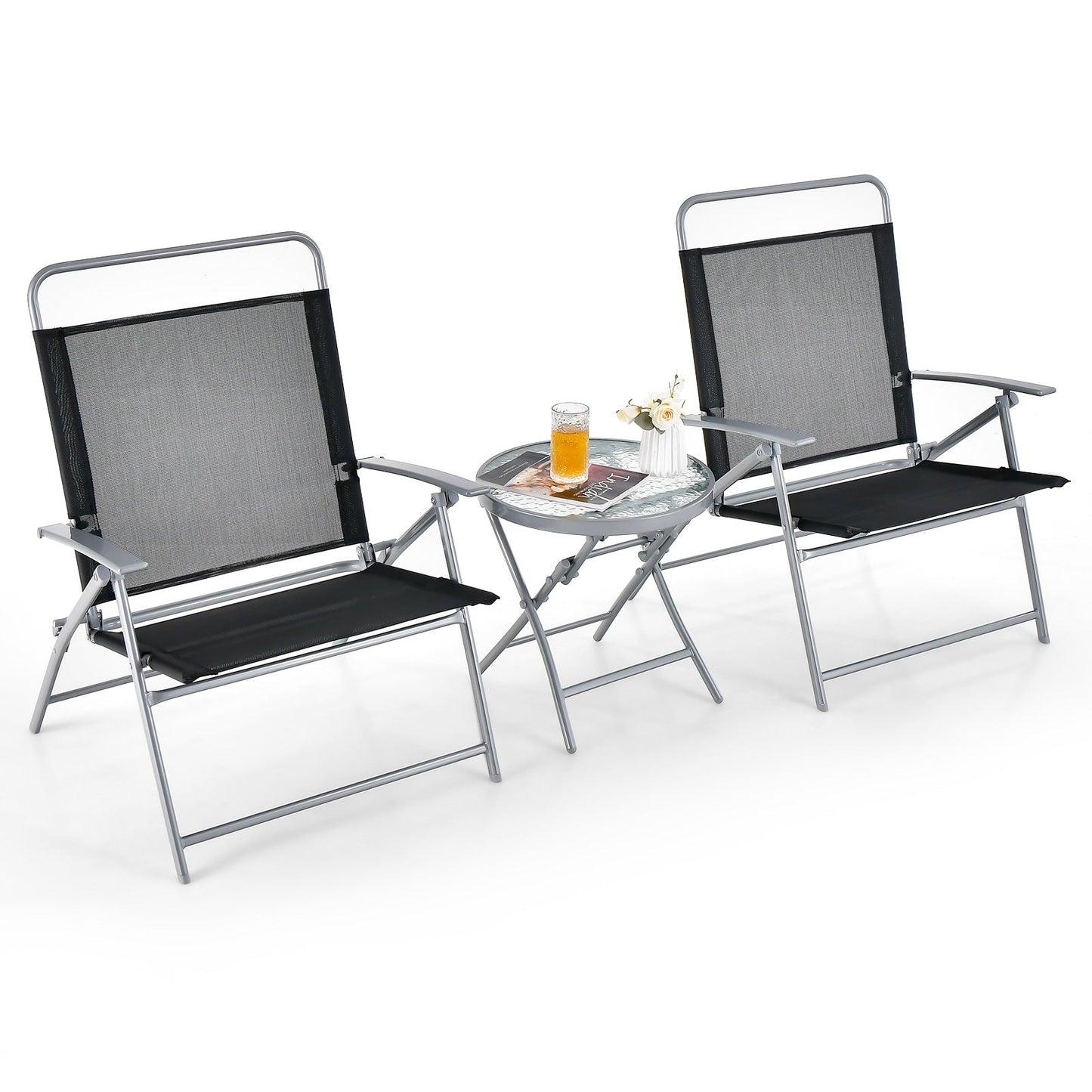 Juego de 3 sillas plegables de patio, conjunto de conversación de metal para exteriores