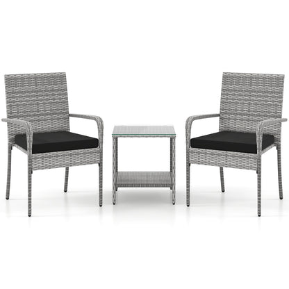 3 Piece Patio Furniture Set with Seat Cushions and Tempered Glass Tabletop for Balcony