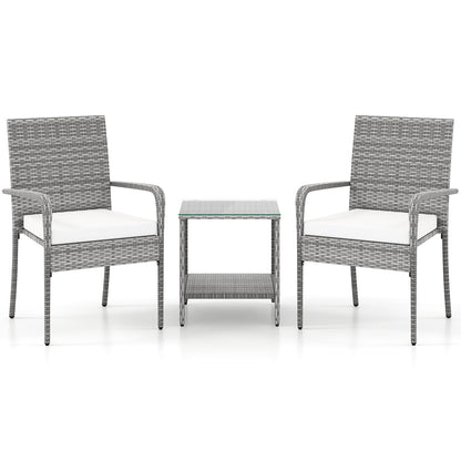 3 Piece Patio Furniture Set with Seat Cushions and Tempered Glass Tabletop for Balcony