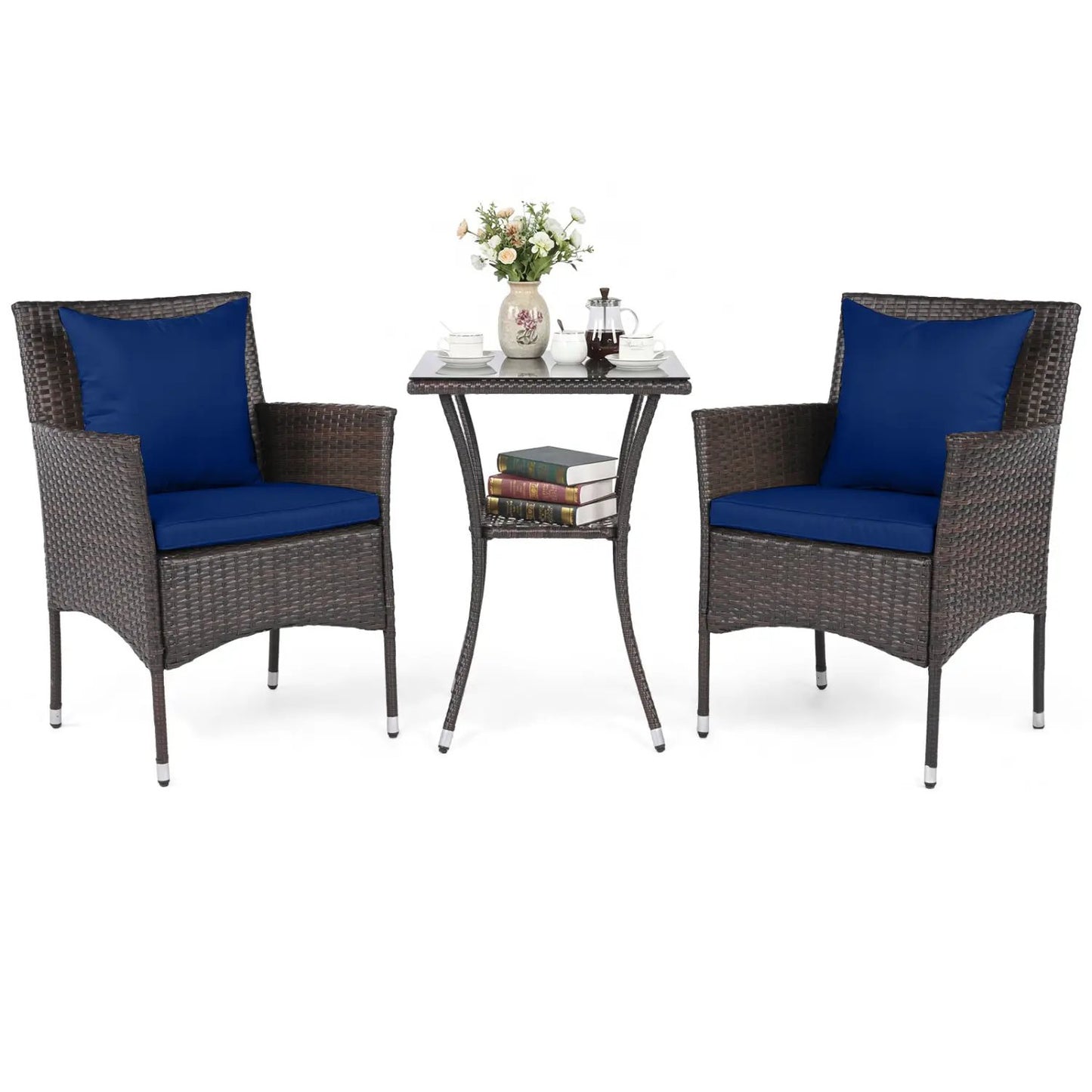 3 Pieces Patio Furniture Set with Cushioned Patio Chairs and Tempered Glass Coffee Table-Brown
