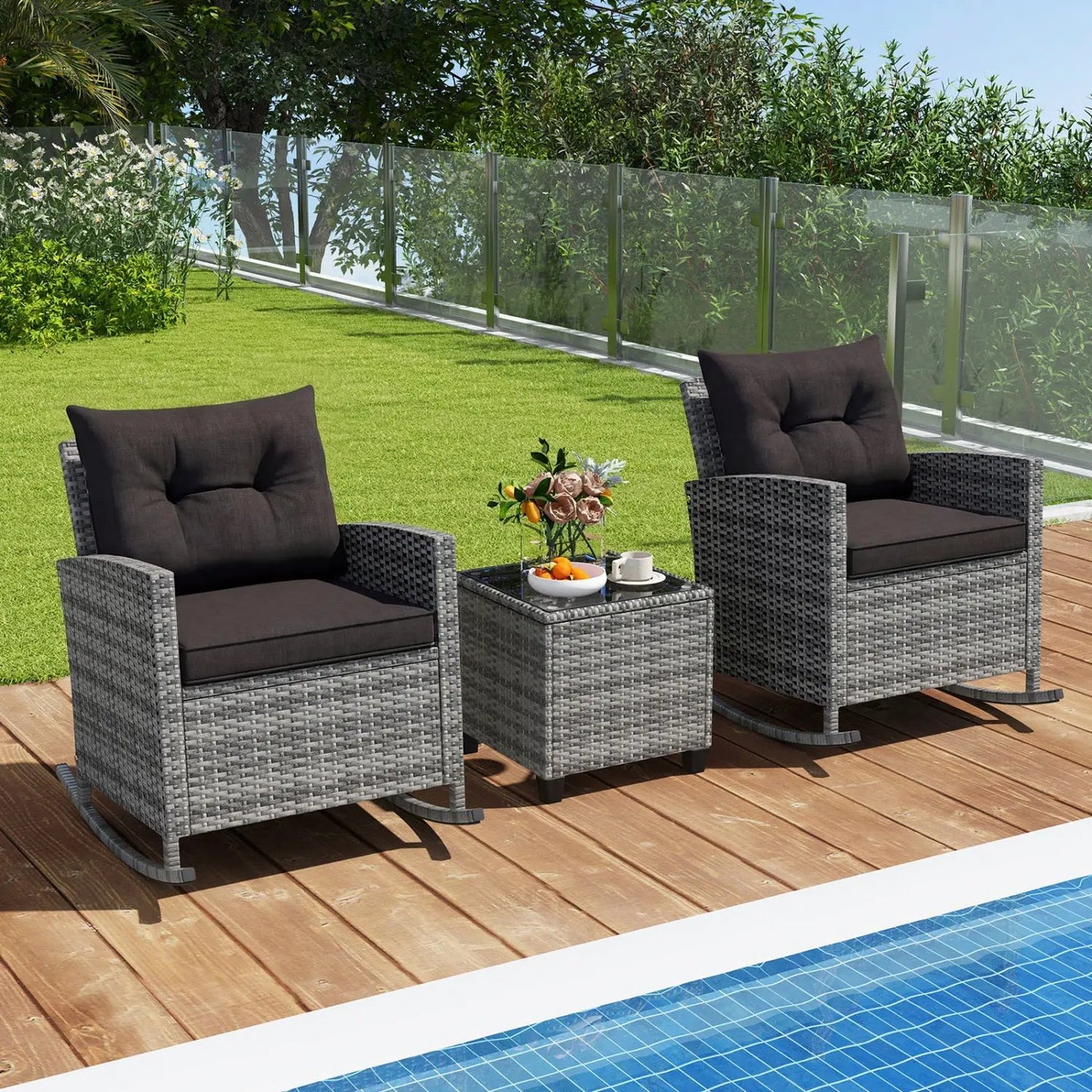 3-Piece Patio Rocking Chair Set With Cushions