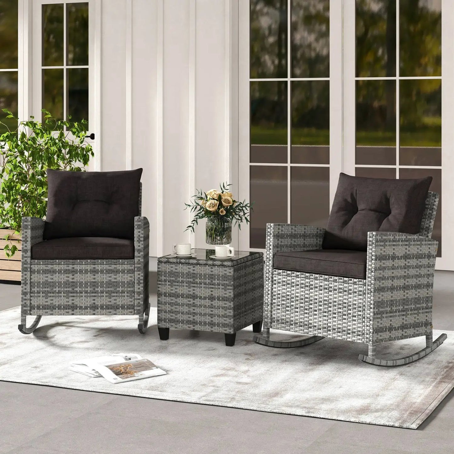 3-Piece Patio Rocking Chair Set With Cushions