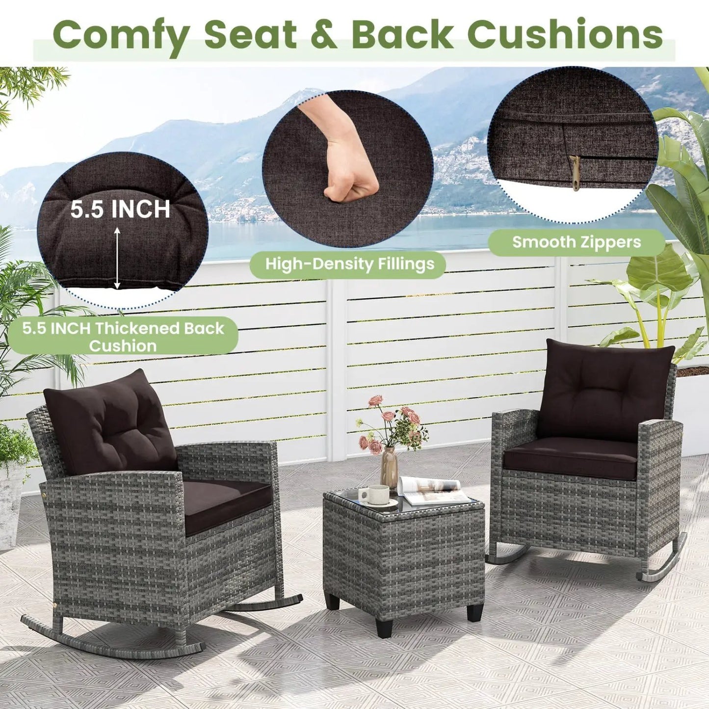 3-Piece Patio Rocking Chair Set With Cushions