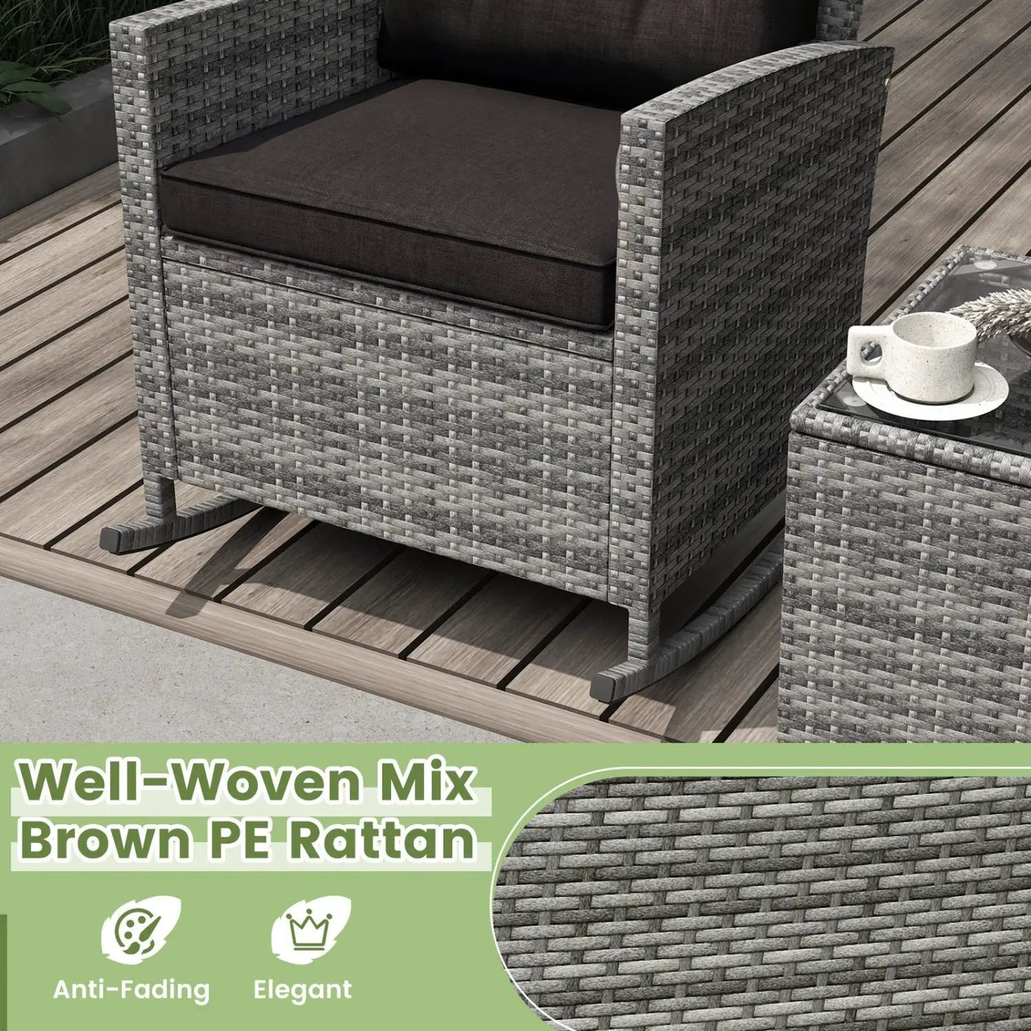 3-Piece Patio Rocking Chair Set With Cushions