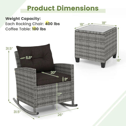 3-Piece Patio Rocking Chair Set With Cushions