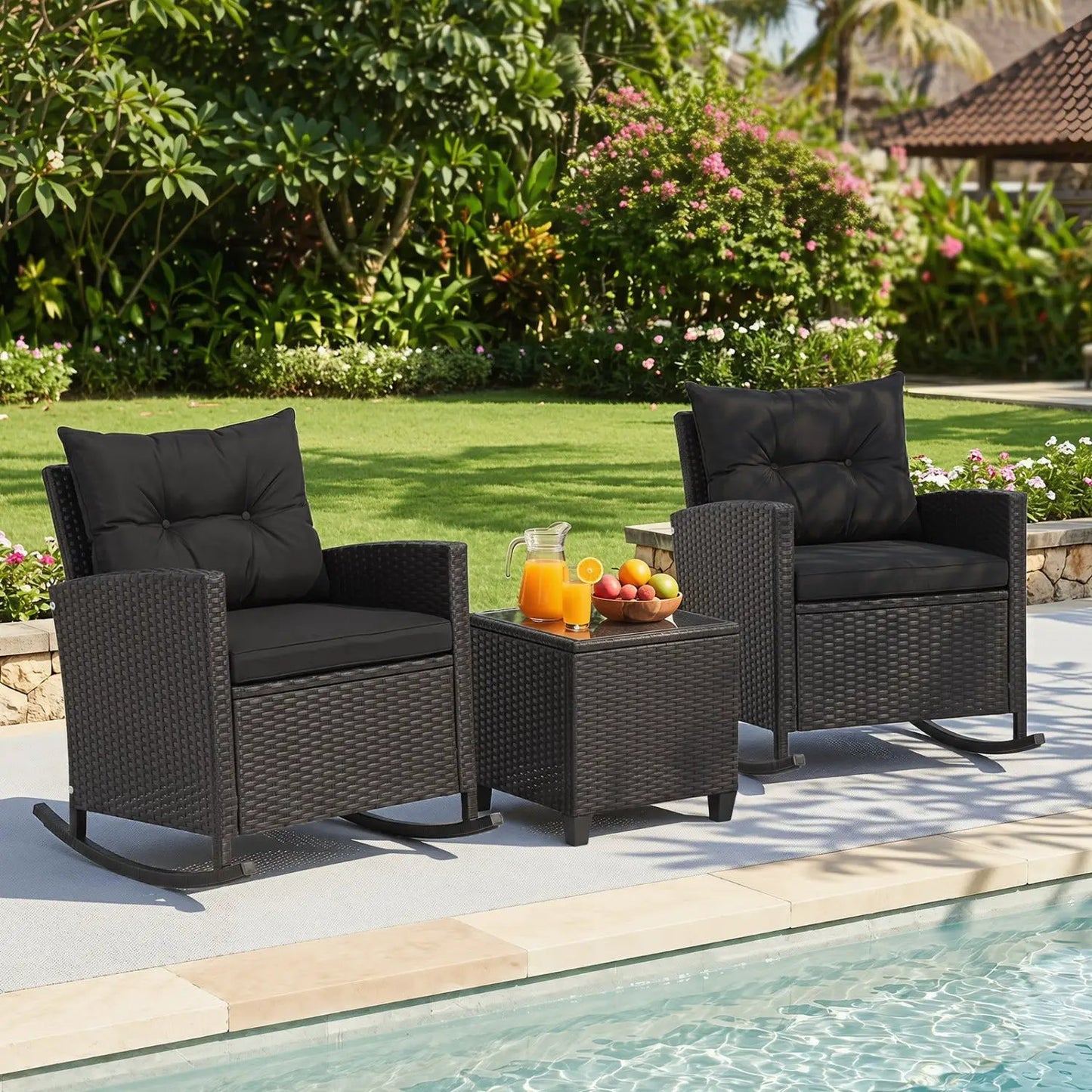 3-Piece Patio Rocking Chair Set With Cushions