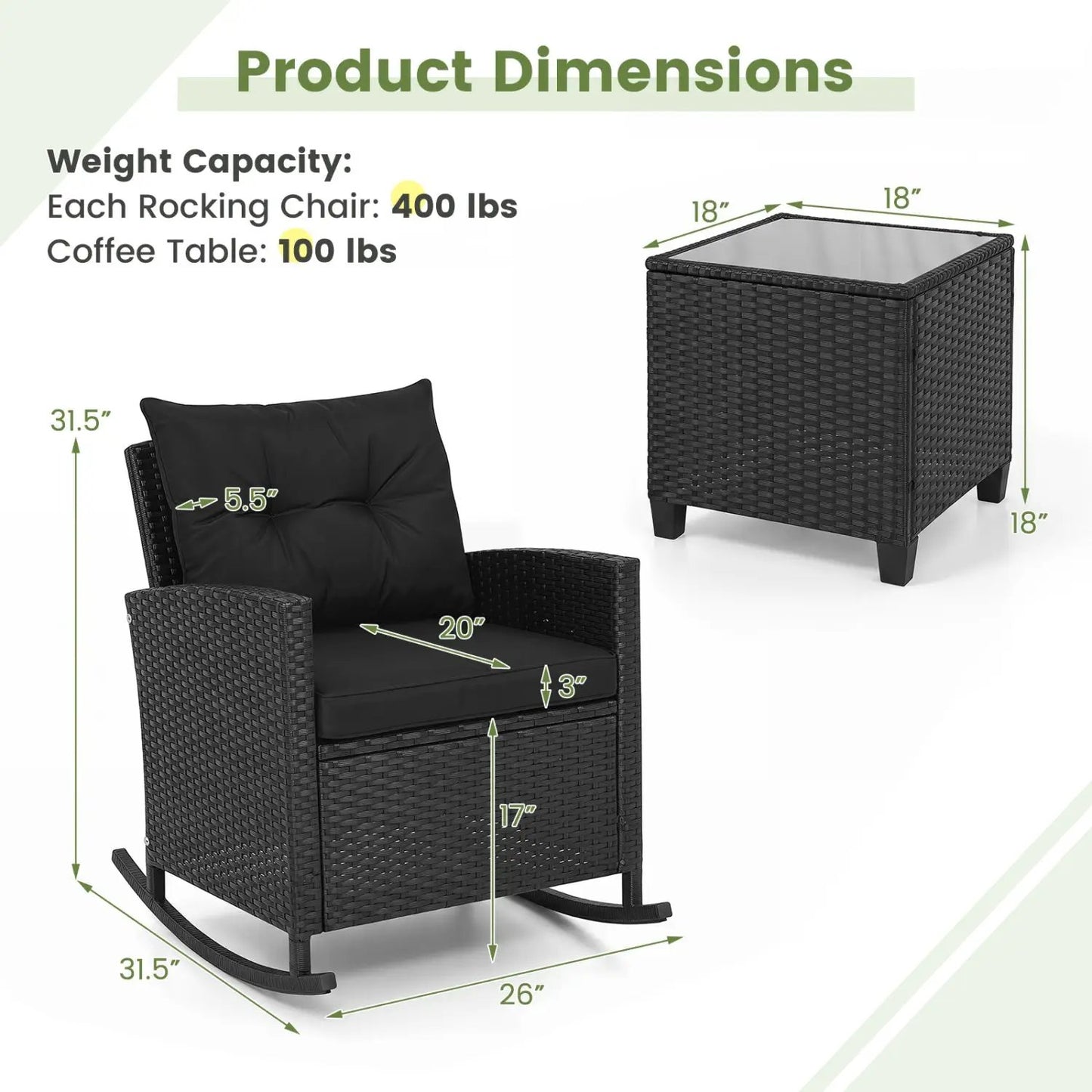 3-Piece Patio Rocking Chair Set With Cushions