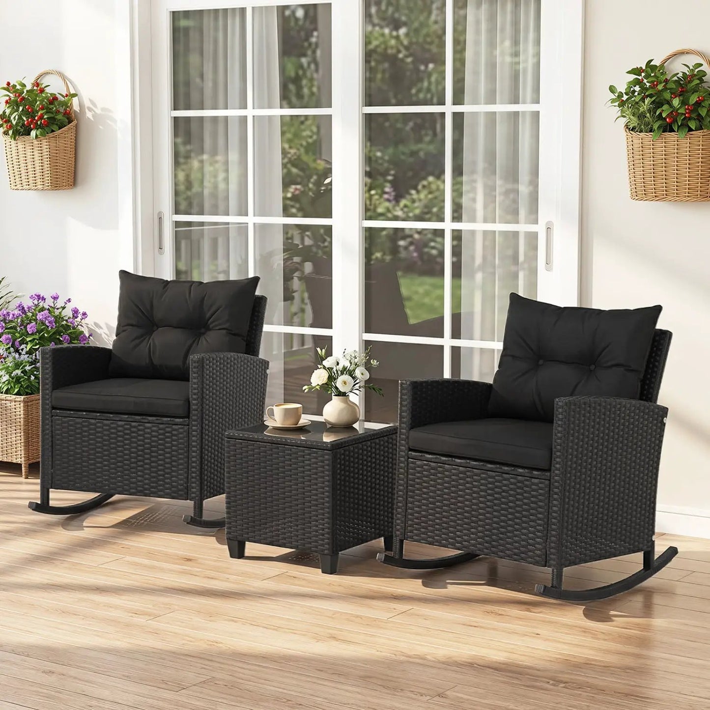 3-Piece Patio Rocking Chair Set With Cushions