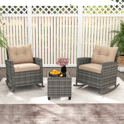 DirectDeals 3-Piece Patio Rocking Chair Set with Glass Table in gray wicker with beige cushions on Tampa Home & Garden Store