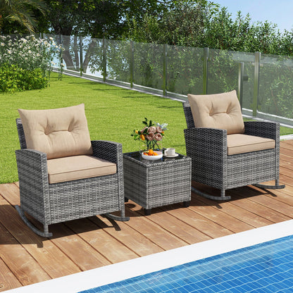 3-Piece Patio Rocking Chair Set with Glass Table 2 gray wicker chairs with beige cushions beside a pool on deck on Tampa Home & Garden Store