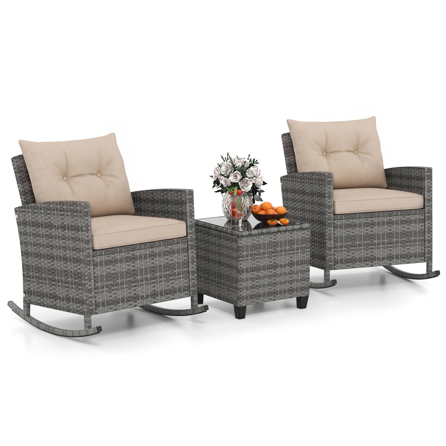3-Piece Patio Rocking Chair Set with Glass Table dark wicker, beige cushions, 2 chairs and table on Tampa Home & Garden Store