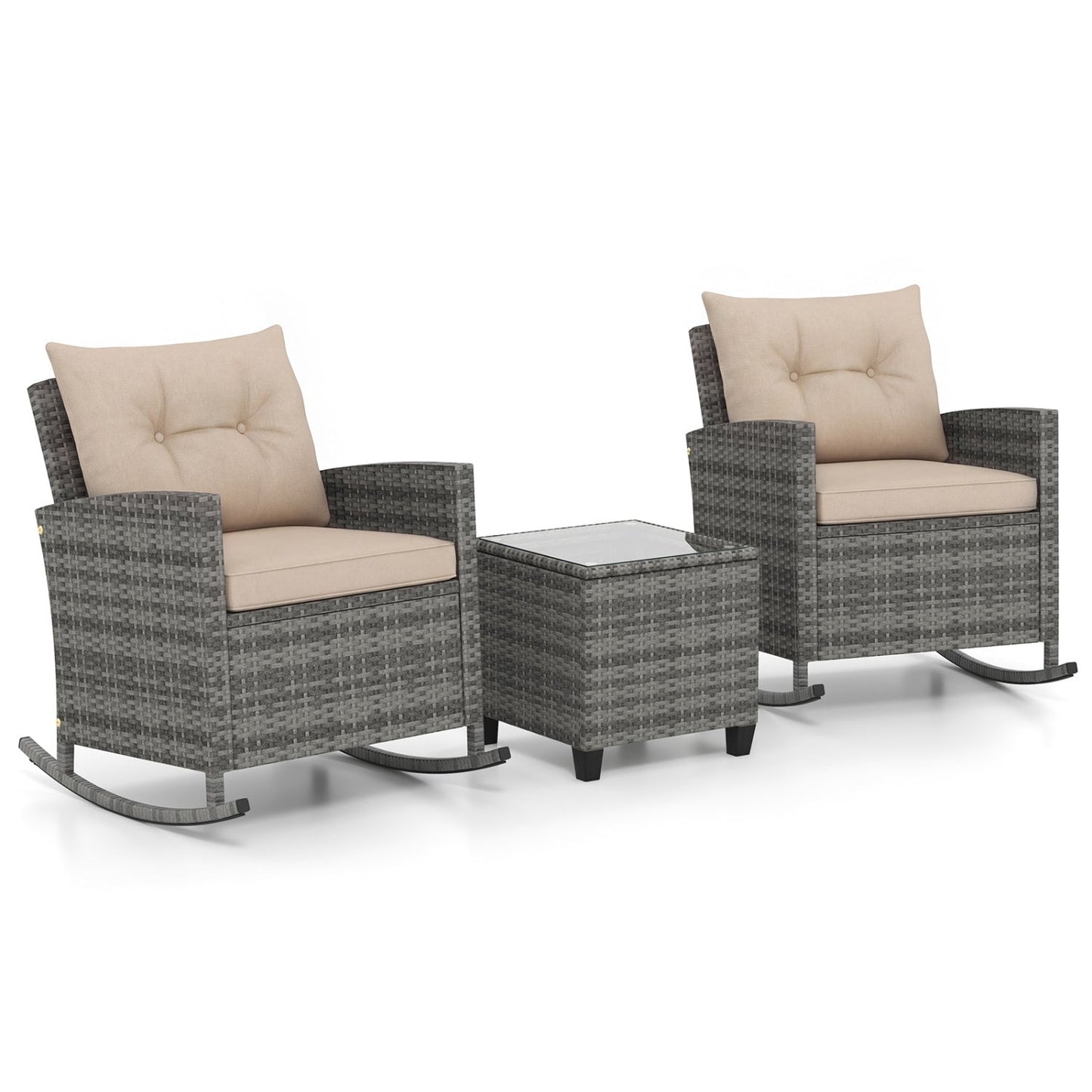 Patio Rocking Chair Set with Glass Table in dark gray wicker; two chairs by DirectDeals on Tampa Home & Garden Store