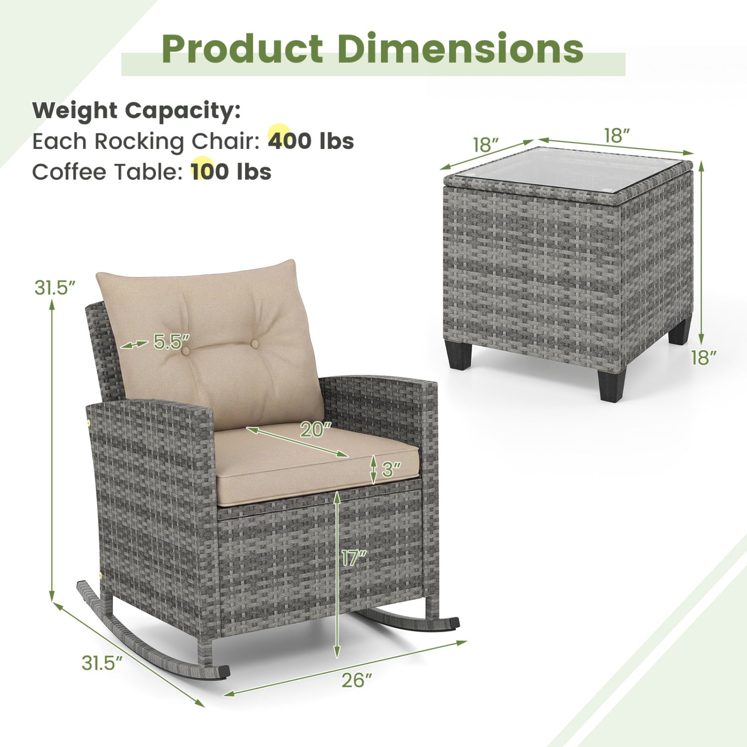 3-Piece Patio Rocking Chair Set with Glass Table DirectDeals, gray wicker with beige cushions on Tampa Home & Garden Store