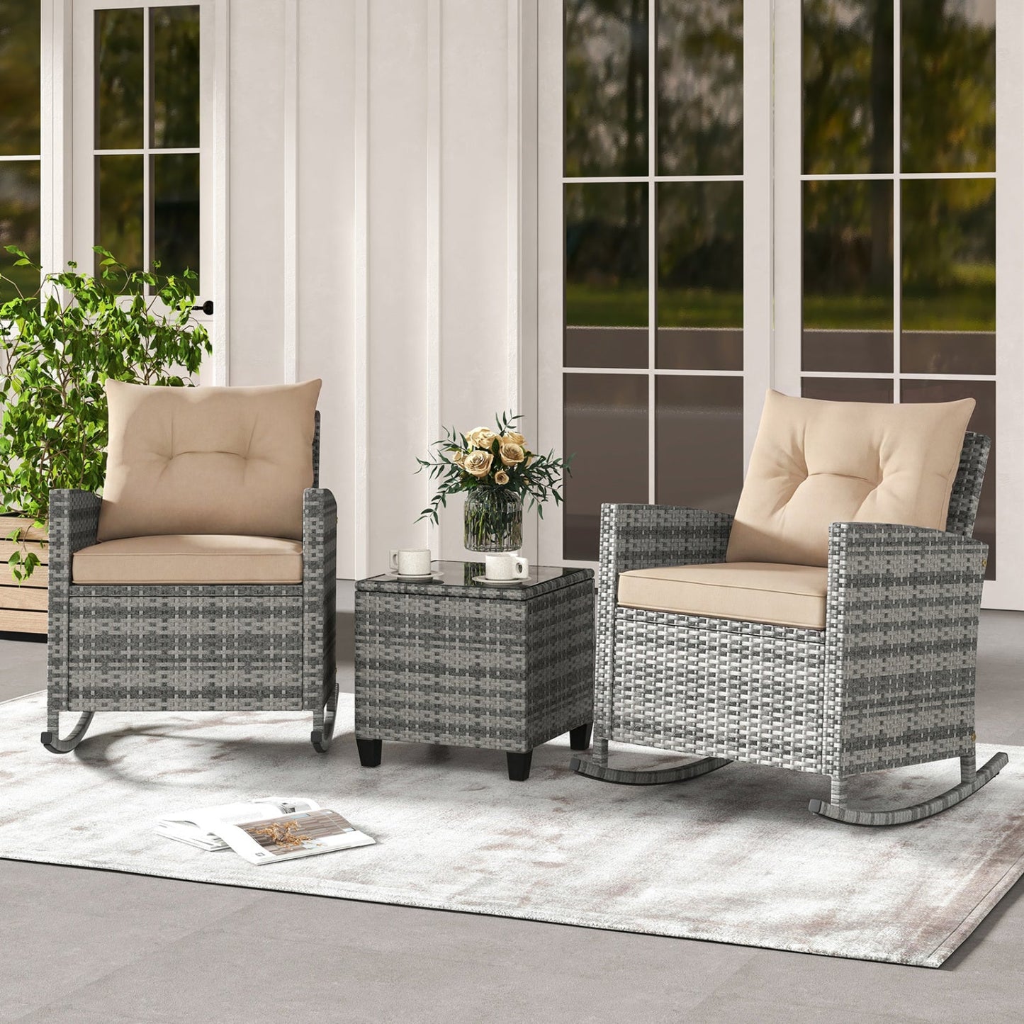 3-Piece Patio Rocking Chair Set with Glass Table in gray wicker beige cushions; two chairs on Tampa Home & Garden Store