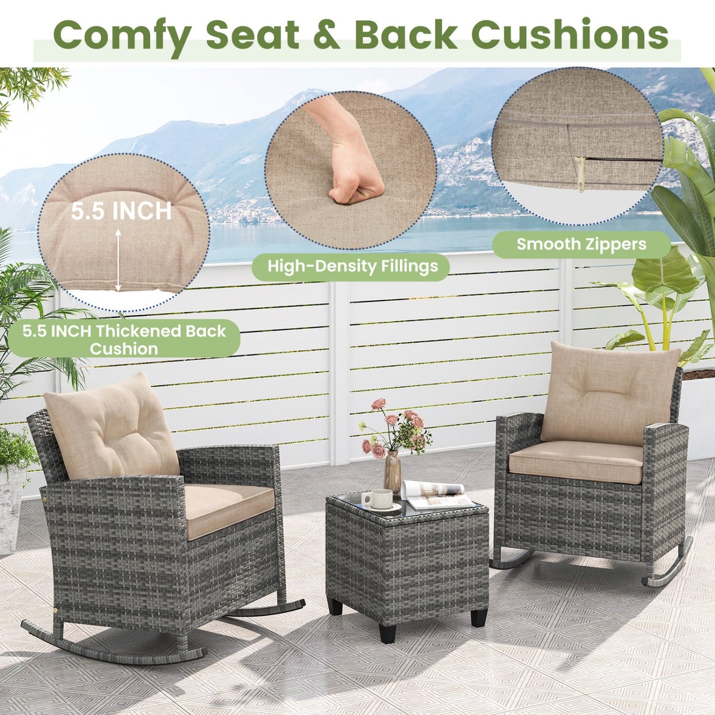 DirectDeals 3-Piece Patio Rocking Chair Set with Glass Table wicker; 2 rockers and glass table on Tampa Home & Garden Store