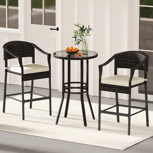 3-Piece Patio Rattan Bar Set with Tempered Glass Top for Backyard Poolside-Brown - Tampa Home & Garden Store