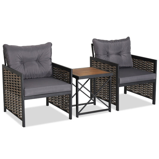 3 Piece Patio Rattan Furniture Set with Acacia Wood Tabletop - Tampa Home & Garden Store