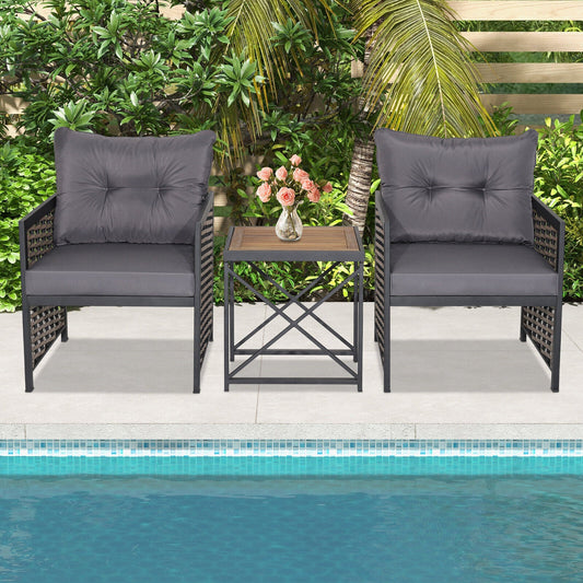 3 Piece Patio Rattan Furniture Set with Acacia Wood Tabletop - Tampa Home & Garden Store