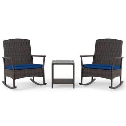 Juego de mecedoras para patio de 3 piezas con sillas mecedoras de mimbre y mesa de centro de 2 niveles - Turquesa