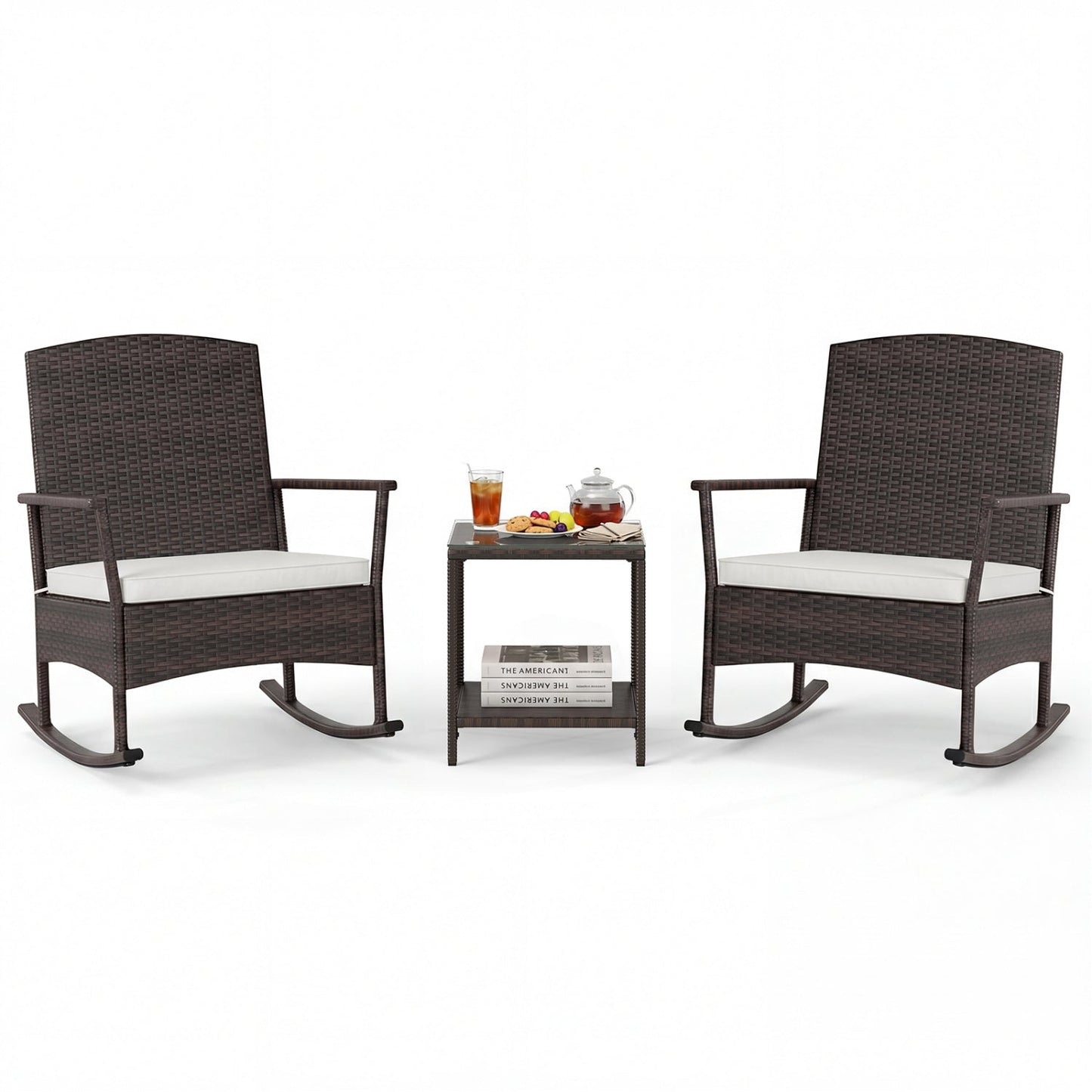 Juego de mecedoras para patio de 3 piezas con sillas mecedoras de mimbre y mesa de centro de 2 niveles - Turquesa
