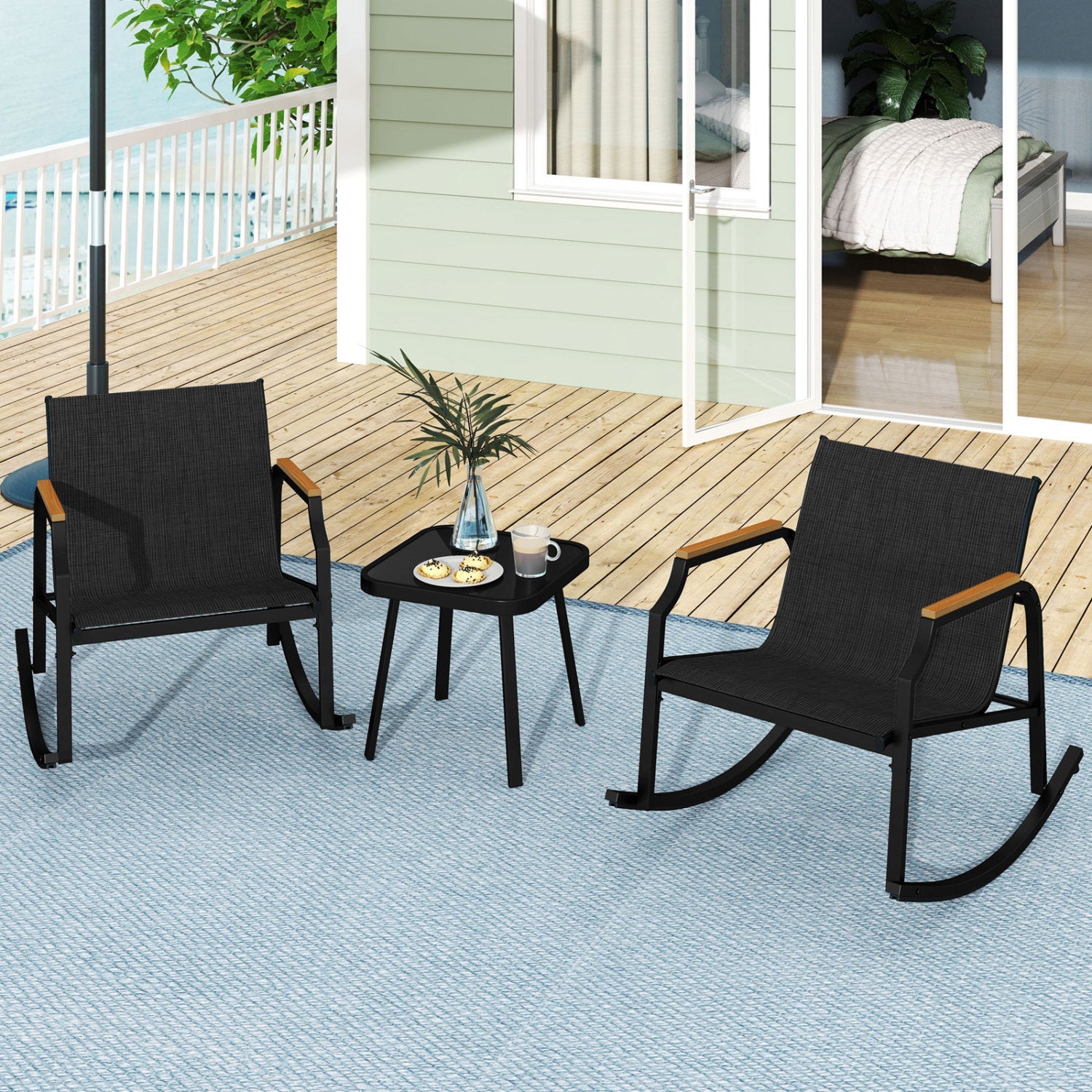 DirectDeals 3-Piece Patio Rocking Bistro Set with Glass Coffee Table; black rocking chairs on Tampa Home & Garden Store