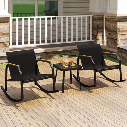 3-Piece Patio Rocking Bistro Set with Glass Coffee Table by DirectDeals on a wooden deck; two black wicker rockers on Tampa Home & Garden Store