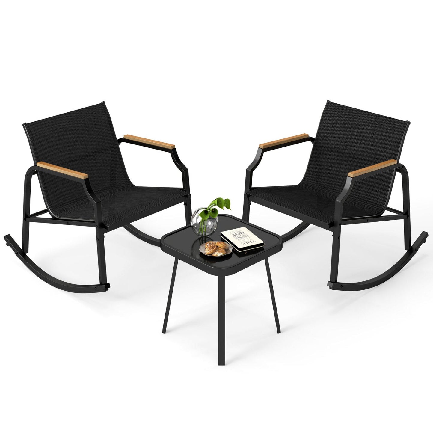 3-Piece patio rocking bistro set with glass coffee table; two black wicker chairs with wood arms on Tampa Home & Garden Store