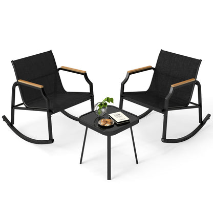 3-Piece patio rocking bistro set with glass coffee table; two black wicker chairs with wood arms on Tampa Home & Garden Store