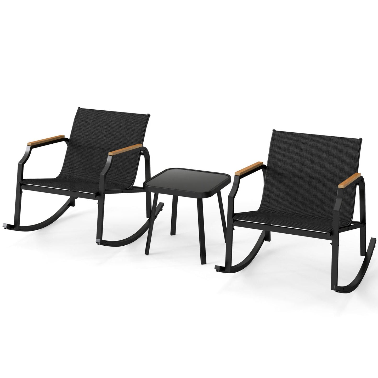 DirectDeals 3-Piece Patio Rocking Bistro Set with Glass Coffee Table; two black wicker chairs on Tampa Home & Garden Store