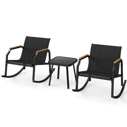 DirectDeals 3-Piece Patio Rocking Bistro Set with Glass Coffee Table; two black wicker chairs on Tampa Home & Garden Store