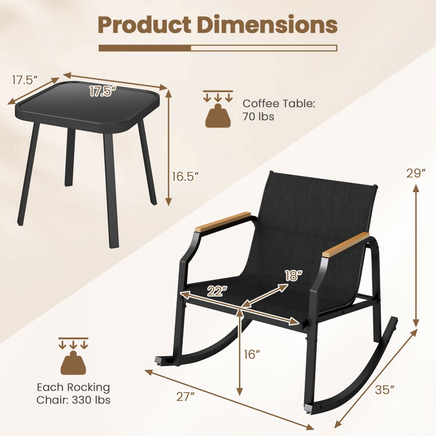 DirectDeals 3-Piece Patio Rocking Bistro Set with Glass Table; black metal frame, 2 chairs on Tampa Home & Garden Store