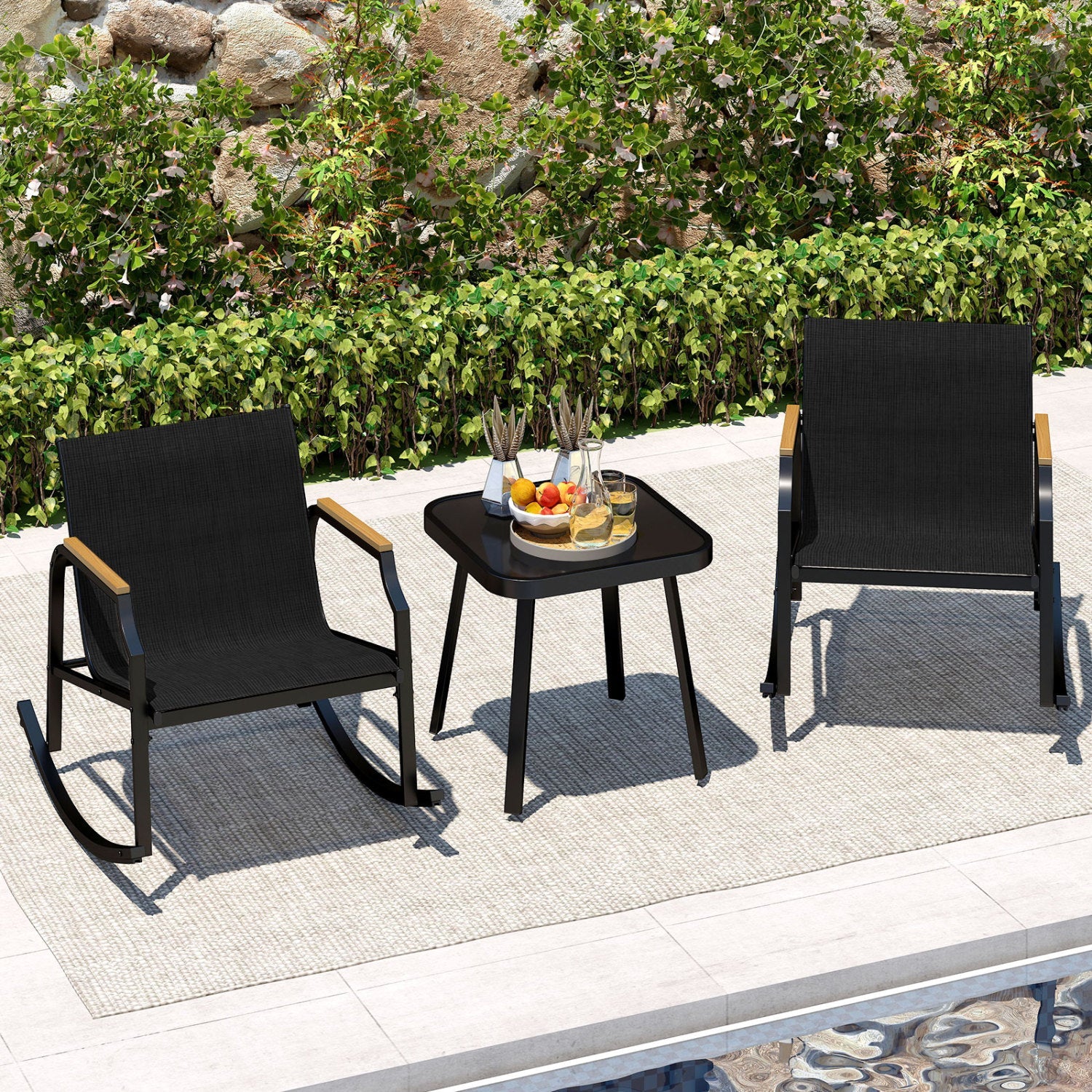 3-Piece Patio Rocking Bistro Set with Glass Coffee Table, black frame; 2 rocking chairs on Tampa Home & Garden Store