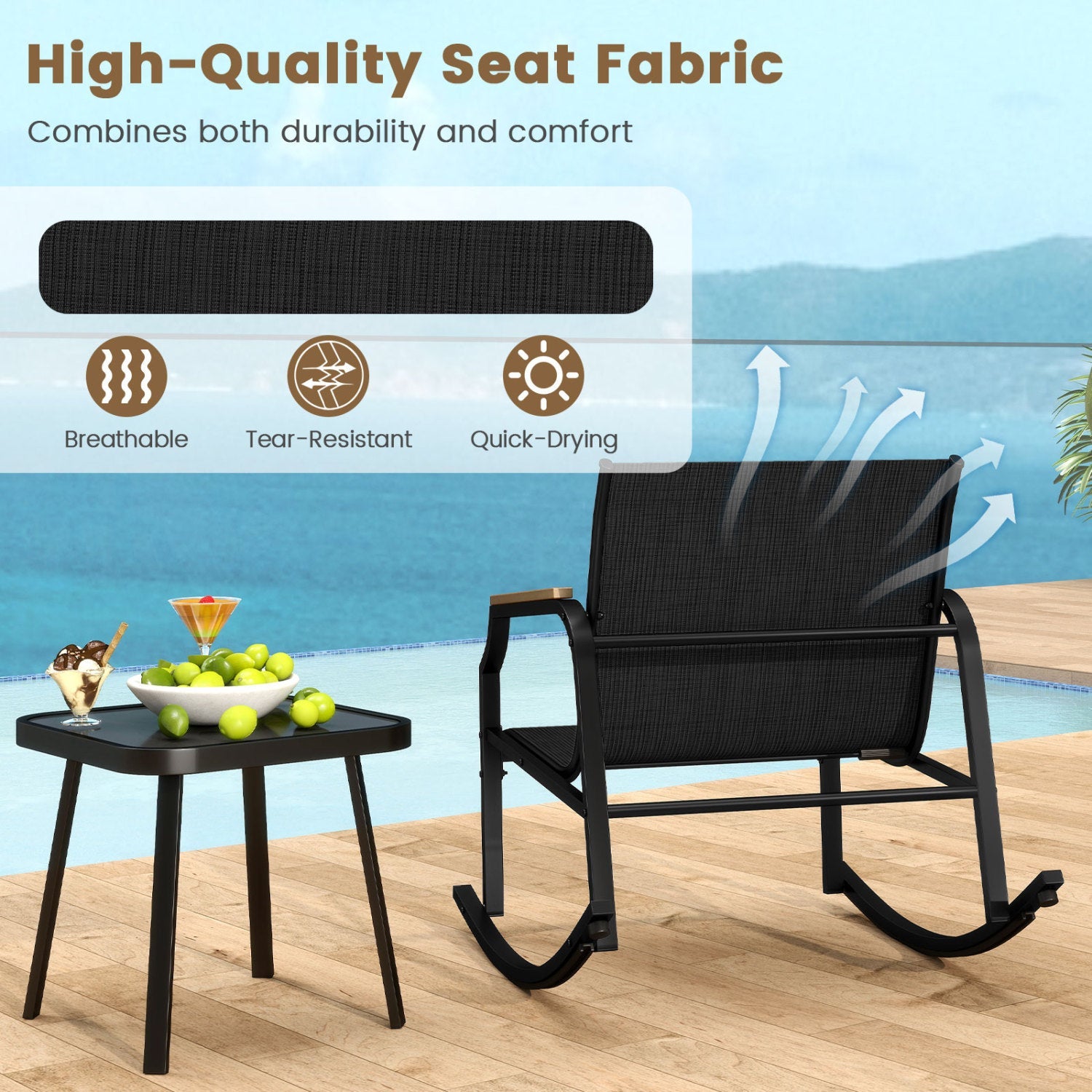 3-Piece Patio Rocking Bistro Set with Glass Coffee Table by DirectDeals, black woven frame on Tampa Home & Garden Store