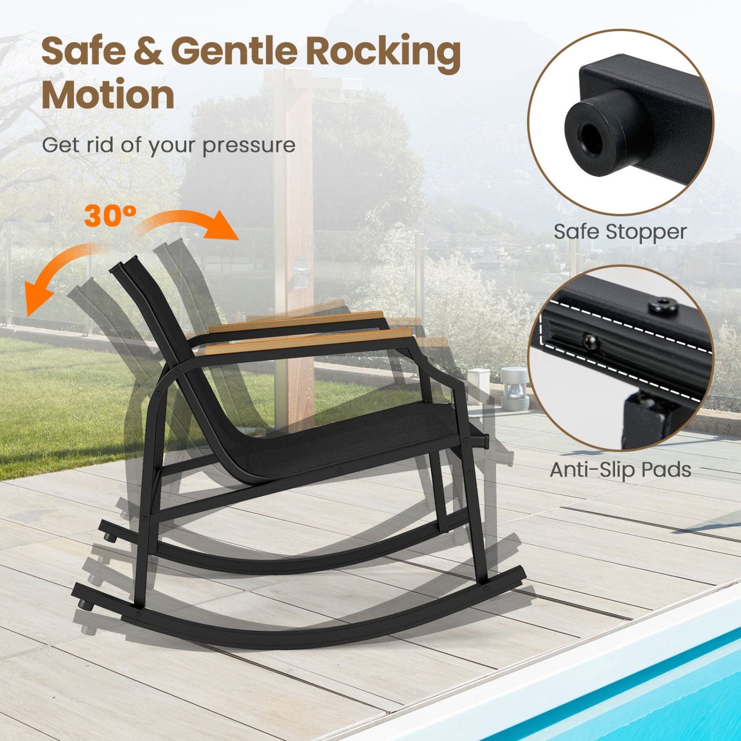 3-Piece Patio Rocking Bistro Set with Glass Coffee Table by DirectDeals, black metal frame on Tampa Home & Garden Store