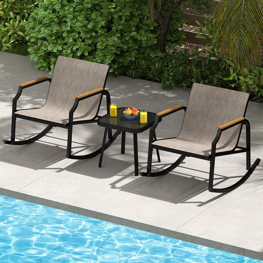 3 Piece Patio Rocking Bistro Set with Tempered Glass Coffee Table and Armrests for Porch-Brown - Tampa Home & Garden Store