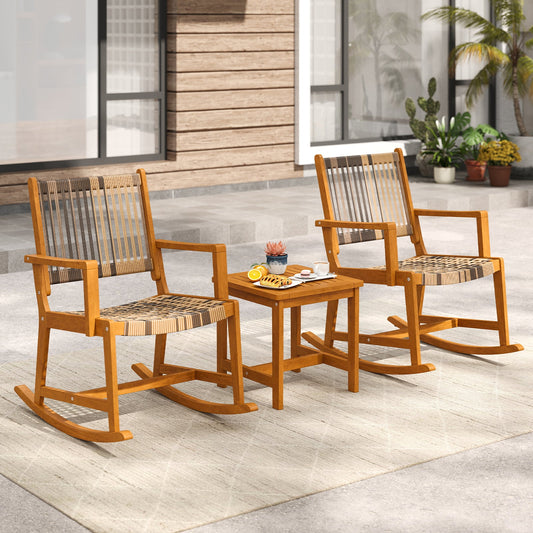 3 Piece Patio Rocking Set Acacia Wood Rocker Bistro Set with Rattan Seat and Back - Tampa Home & Garden Store