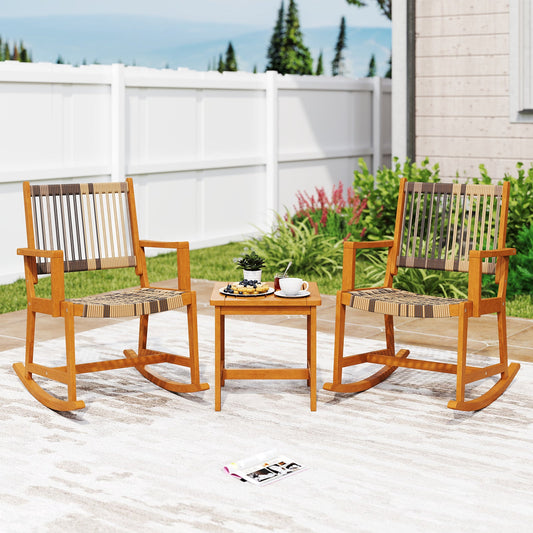 3 Piece Patio Rocking Set Acacia Wood Rocker Bistro Set with Rattan Seat and Back - Tampa Home & Garden Store