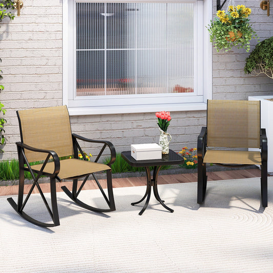 3 Piece Patio Rocking Set with Smooth Rocking Motion Outdoor Rocker Chair Bistro Set -Brown - Tampa Home & Garden Store