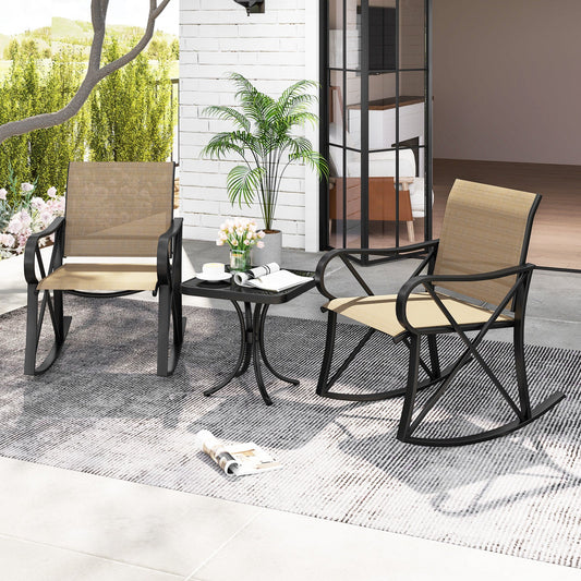 3 Piece Patio Rocking Set with Smooth Rocking Motion Outdoor Rocker Chair Bistro Set -Brown - Tampa Home & Garden Store